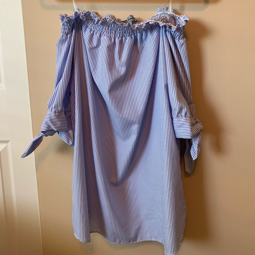 Blue and white striped off the shoulder top